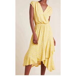 Anthropologie Maeve Fete Wrap Yellow Midi Dress Boho Spring Size S